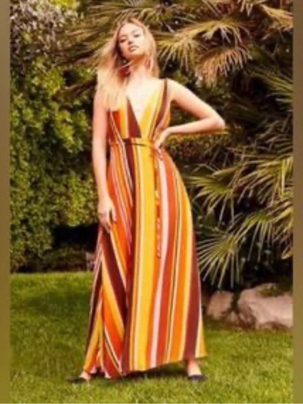 Forever 21  large Striped V-Neck Maxi Dress in Orange, Yellow and Brown